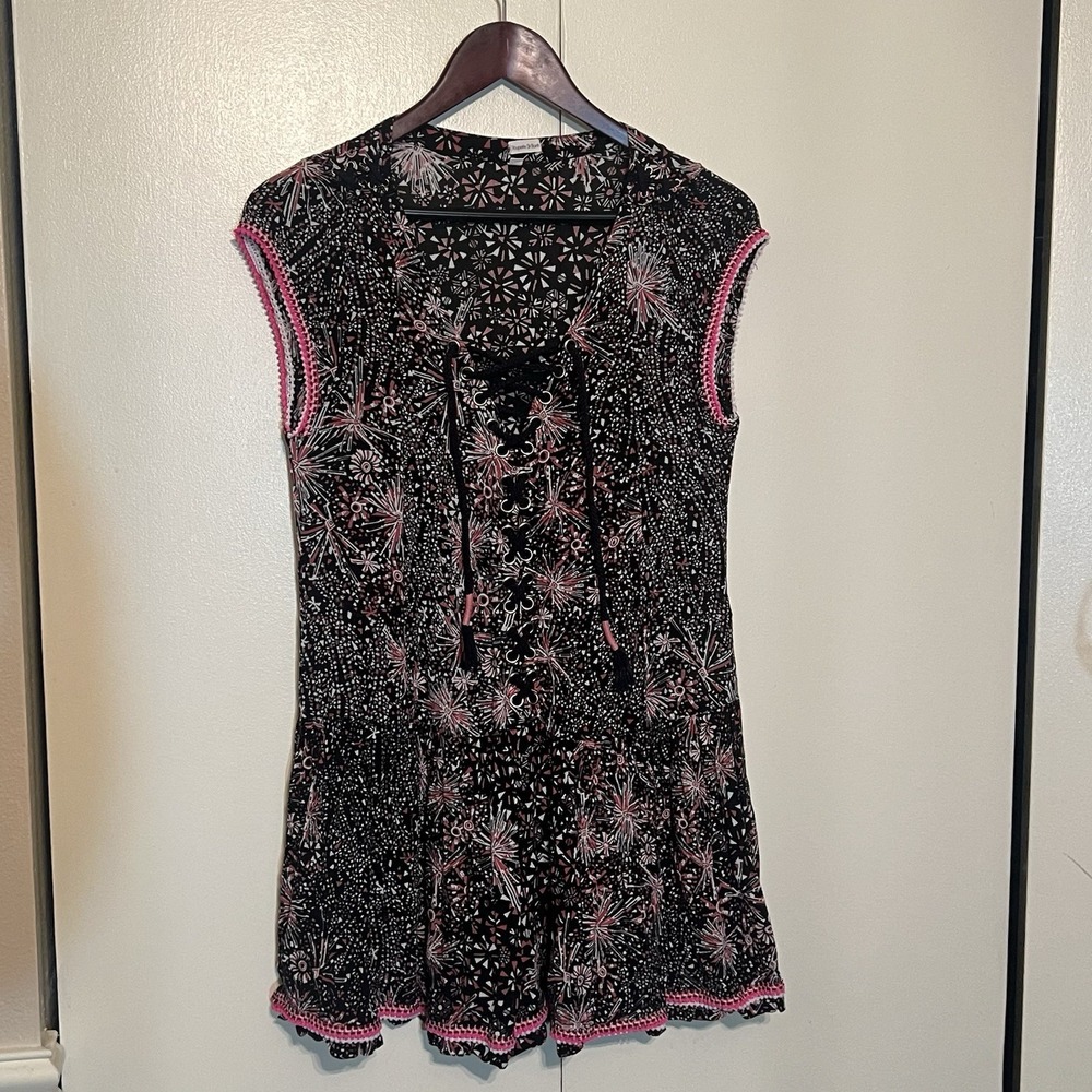 Poupette St. Barth Lucy Small Starburst Print Drop Waist Ruffle Mini Black Dress